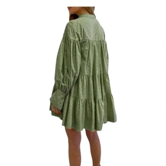 Women's Bohemian Floral Print Button Down Long Lantern Sleeve Shift Tunic Dress - Picture 3 of 15